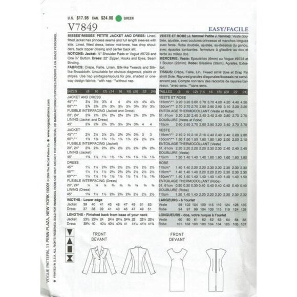 Vogue Woman V7849 Misses Petite Jacket & Dress Sewing Pattern Size 8-12 - Picture 2 of 2
